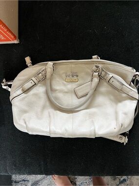 Coach Cream Leather Satchel with Gold Logo Plaque